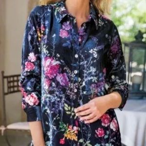 Soft Surroundings Black Floral Button Down Long Sleeve Velour Shirt Small